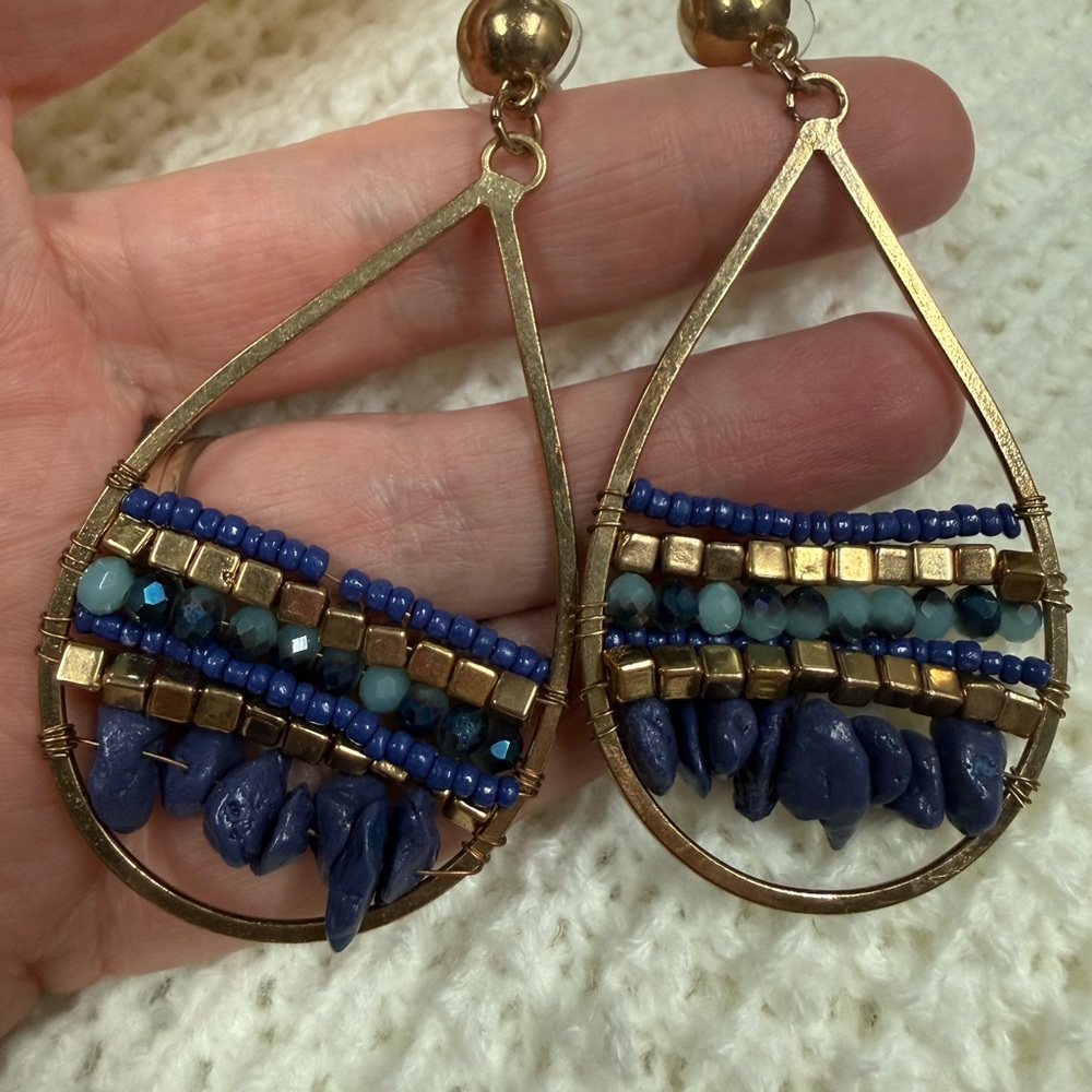 Park Lane “Juniper”Gold Teardrop Beaded Earrings with genuine lapis stones